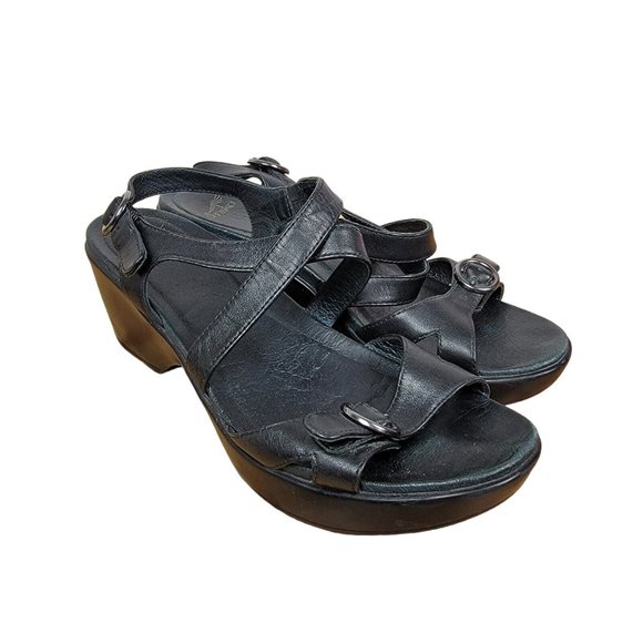 Dansko Jamey Sandal Heels Clogs Black Leather Platform Ankle Strap 40 / 9.5-10 - Picture 1 of 6